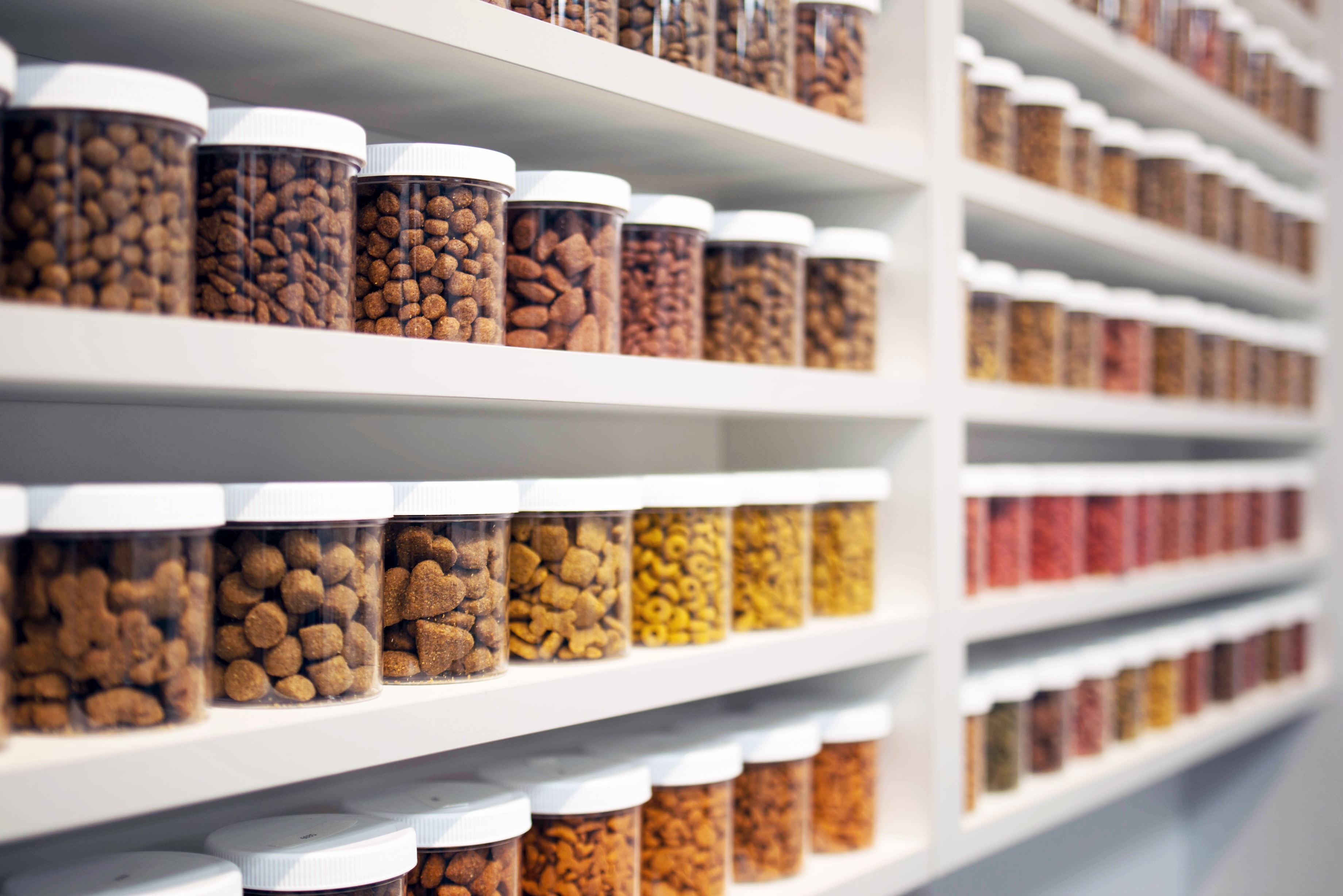 large variety of kibbles by shape and color on shelves